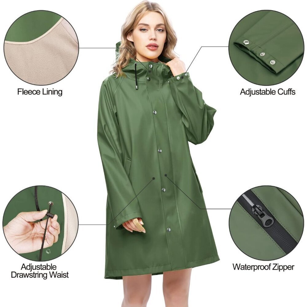 Women Green Fleece Long Hooded Waterproof Rain Windbreaker Trench Coat Outdoor - Picture 2 of 6